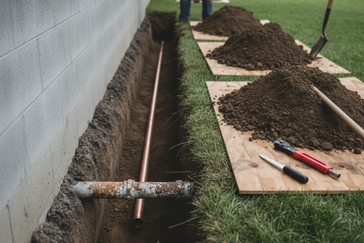 Excavated water line trench during Water Softener Installation in Graysville